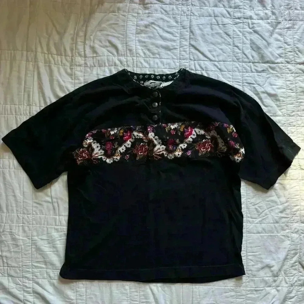 Vintage 90s boho top henley floral stripe women’s large preppy sporty